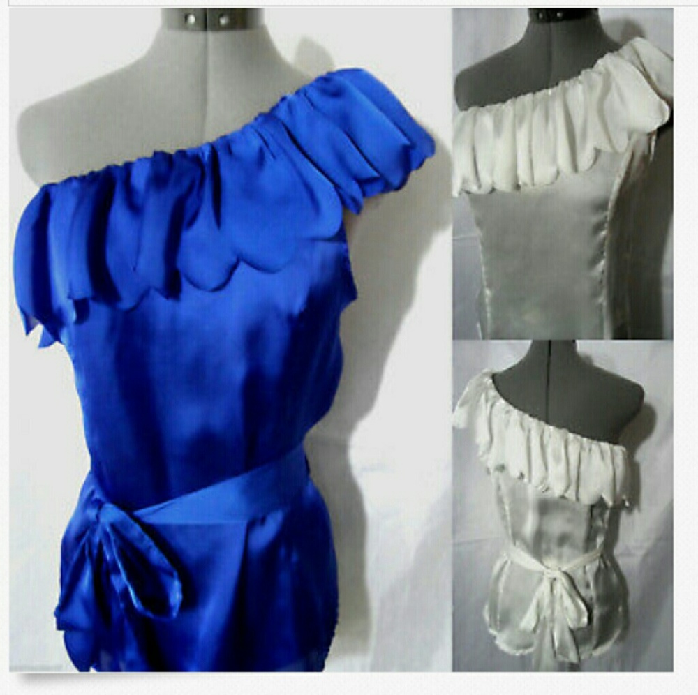 Nwt FASCIA Scalloped Ruffle Blouse SML Blue White